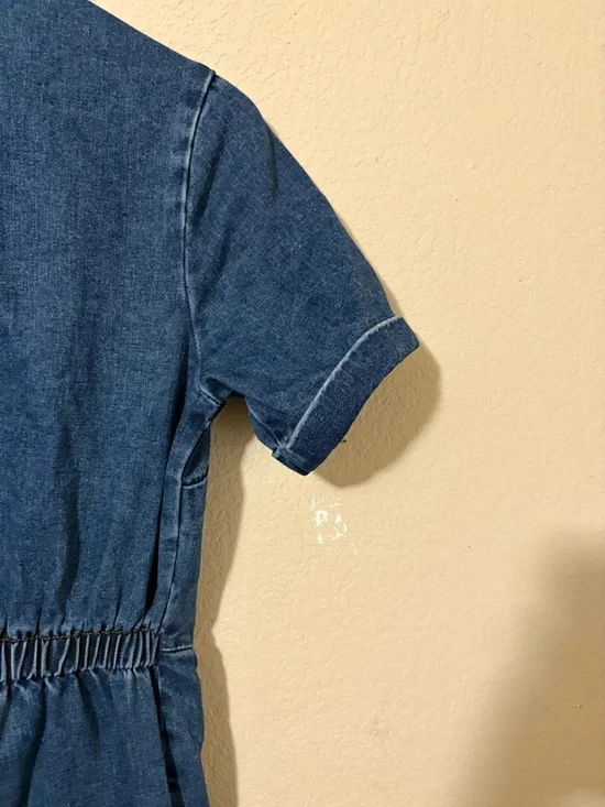 Lucy & Yak Ragan Blue Cotton Denim Short-Sleeve Wide-Leg Zip Up Jumpsuit Side 4 - Picture 12 of 16